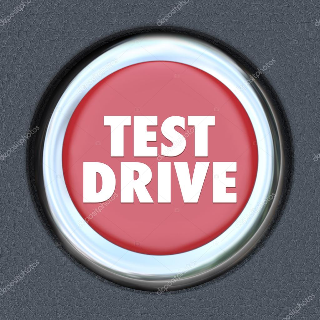 Test Drive words on a round red car start button