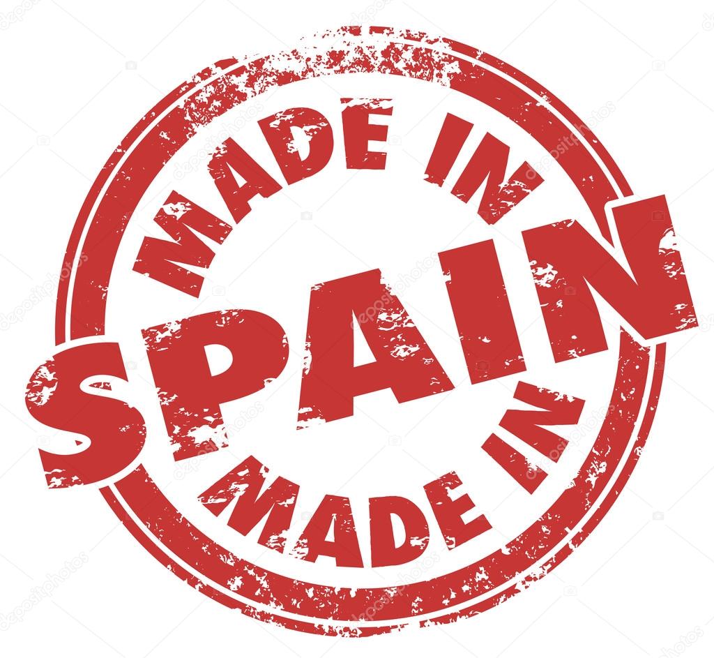 Made in Spain words in a round red stamp to illustrate pride in manufacturing and production in products from the country in Europe