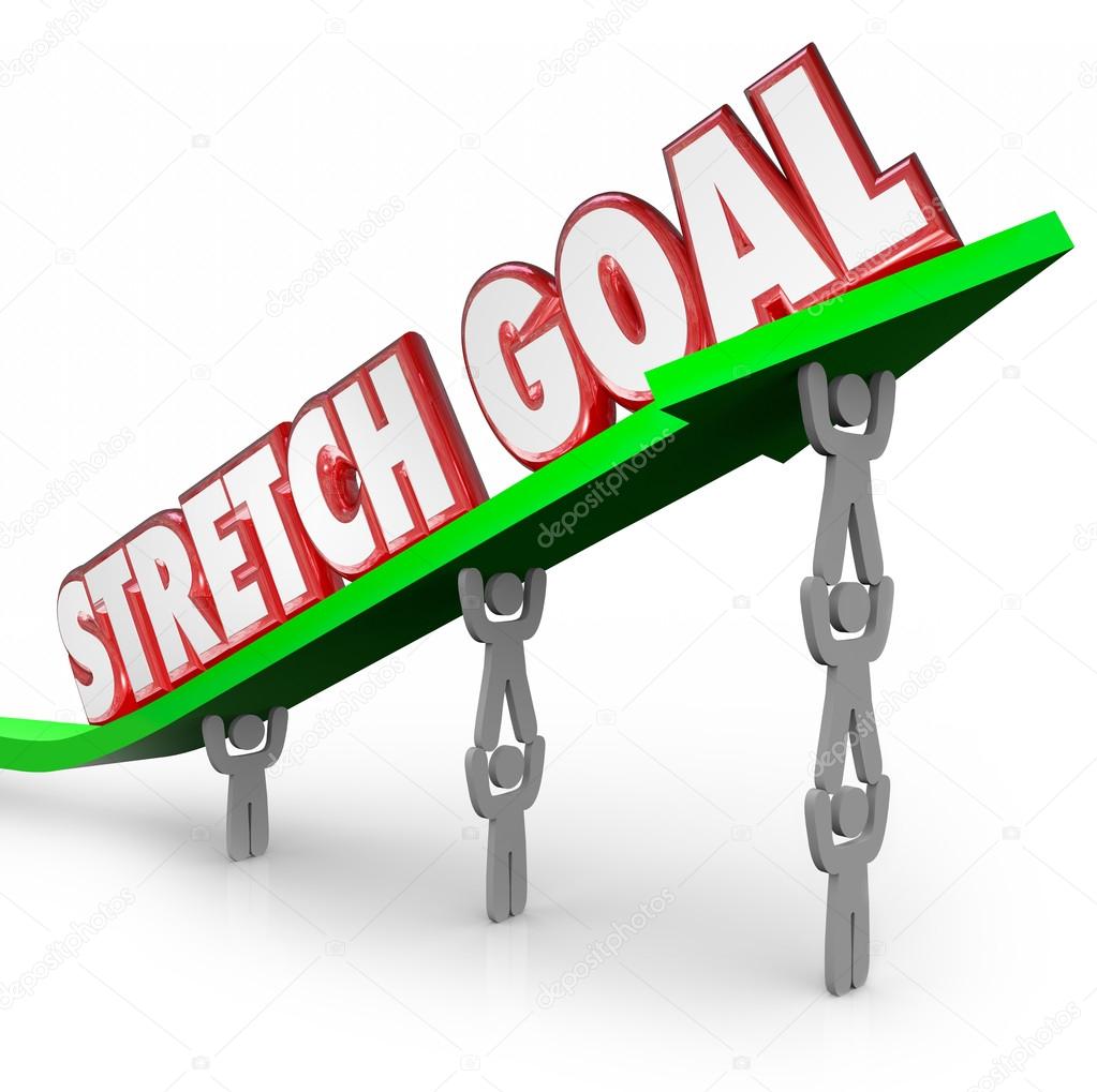 Stretch Goal words on an arrow lifted by a team of workers