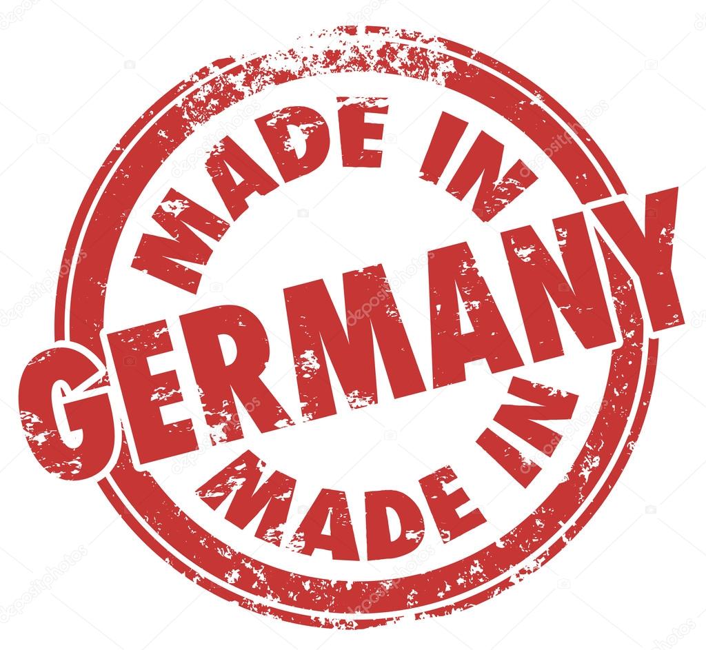 Made in Germany words in a round red stamp illustrating country national price in products produced or manufactured there