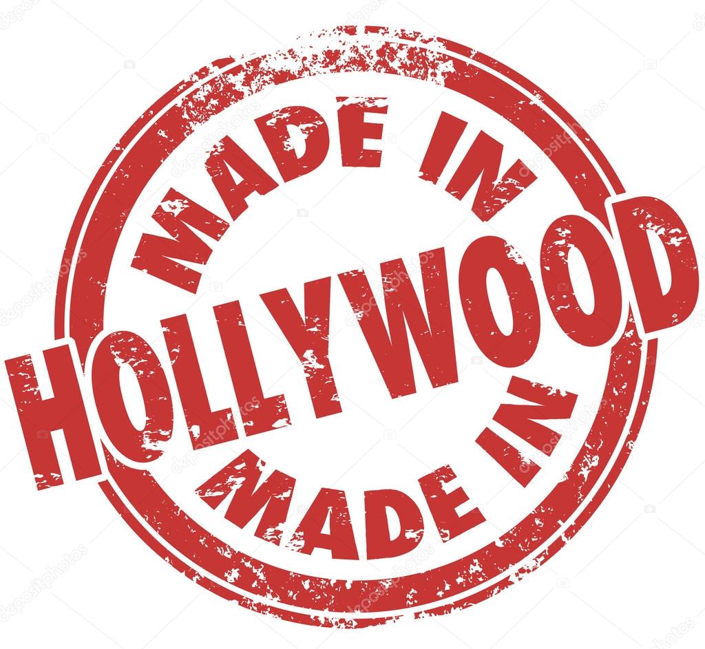 Made in Hollywood words in a round red stamp to show pride in products like entertainment and movies from California state