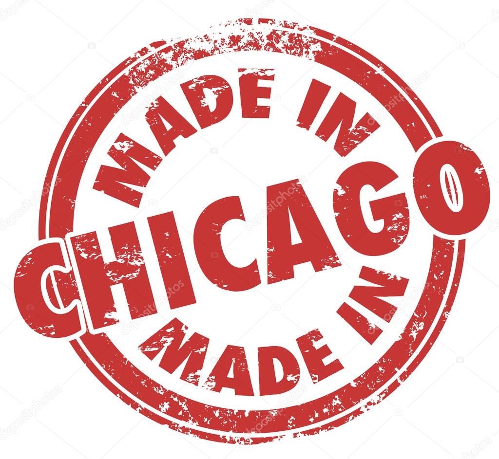 Made in Chicago words in a round red stamp to show production and manufacturing pride in produts created in the windy city in Illinois
