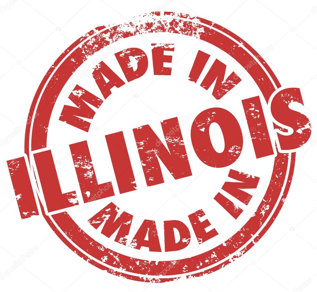 Made in Illinois Words words in red round stamp, logo, emblem or badge to show pride in products produced in the state