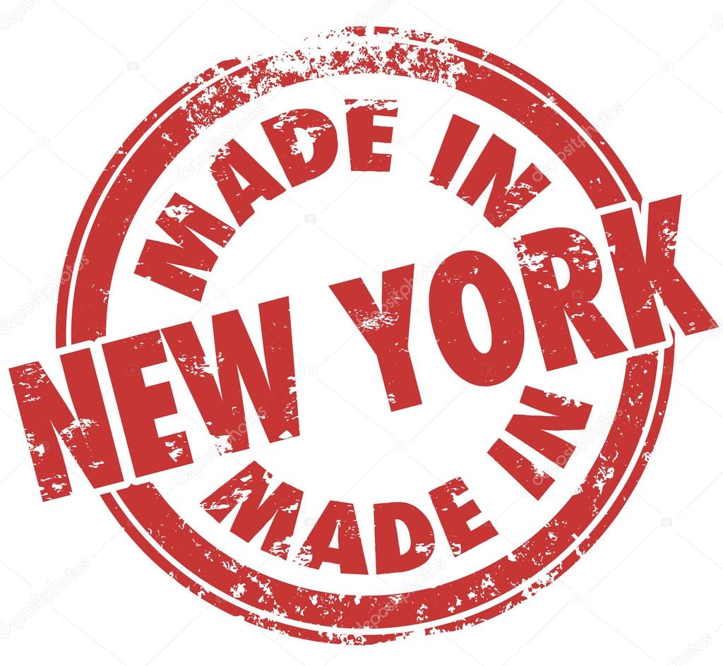 Made in New York words on round stamp, badge, logo or emblem to show pride in goods and products produced in the city or statem