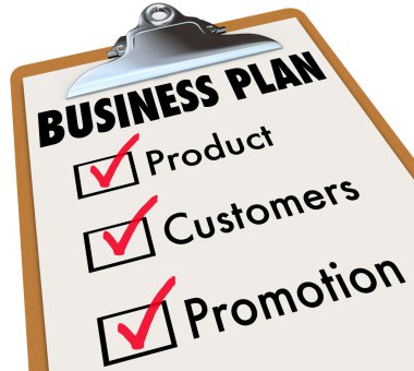 Business Plan words on a checklist on a clipboard clipart