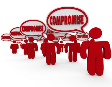 Compromise word in speech bubbles over heads of 3d people clipart