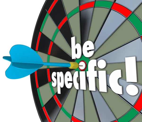 Be Specific 3D words on a dart board — Stock Photo, Image