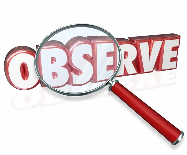 Observe word in red 3D letters under a magnifying glass — Stock Photo, Image