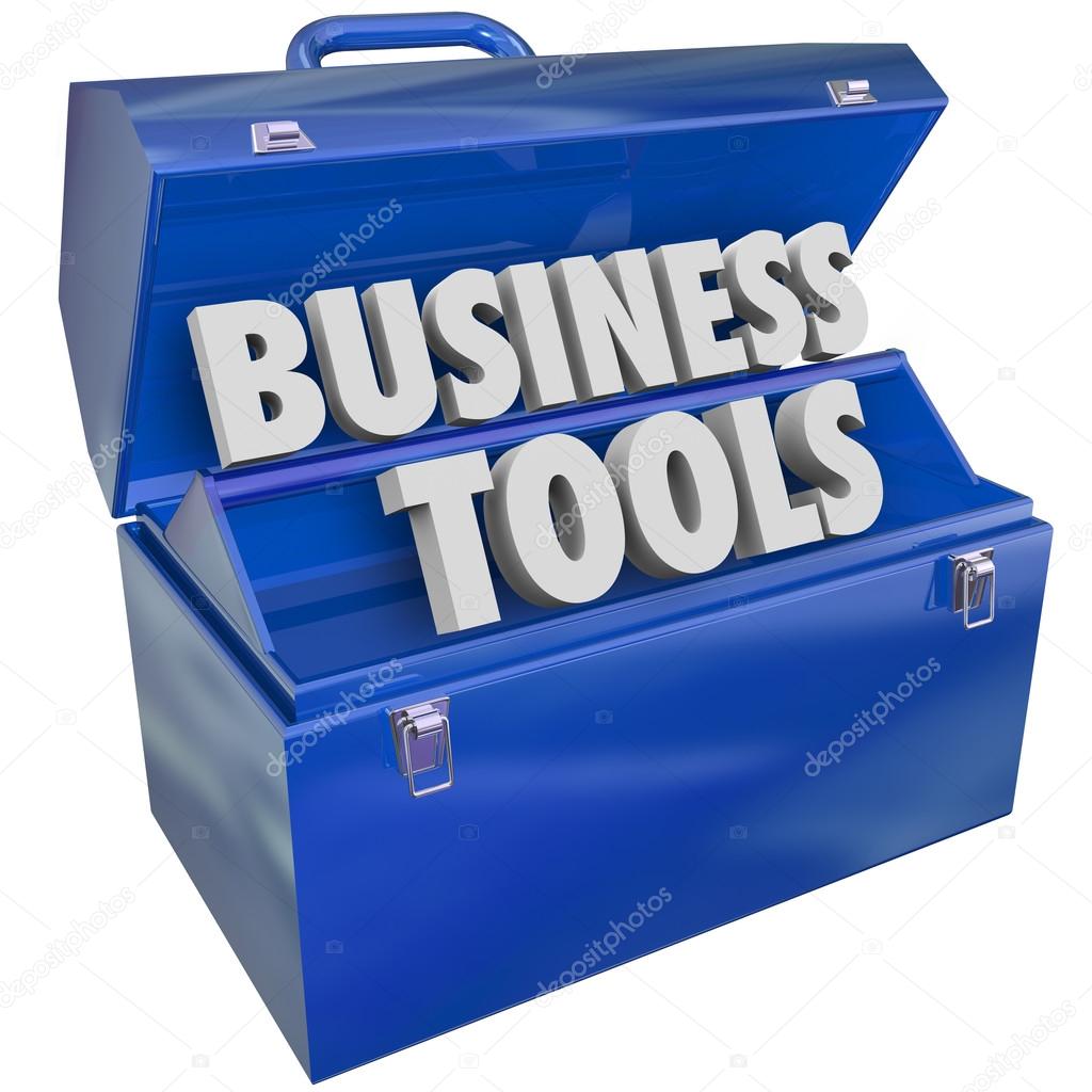 Business Tools 3d words in a blue toolbox