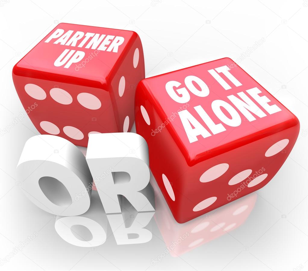 Partner Up or Go It Alone words on two red dice