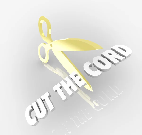 Cut the Cord words in 3d letters and a gold pair of scissors — Stock Photo, Image