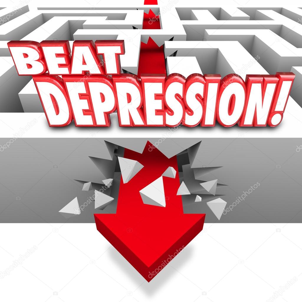 Beat Depression 3d words on a maze and arrow breaking through