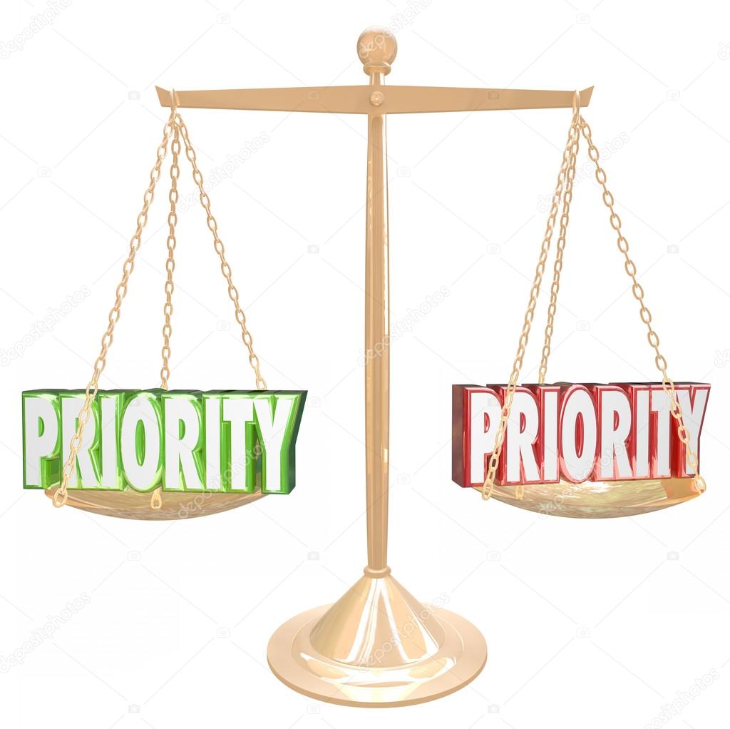 Priority 3D words on a gold scale