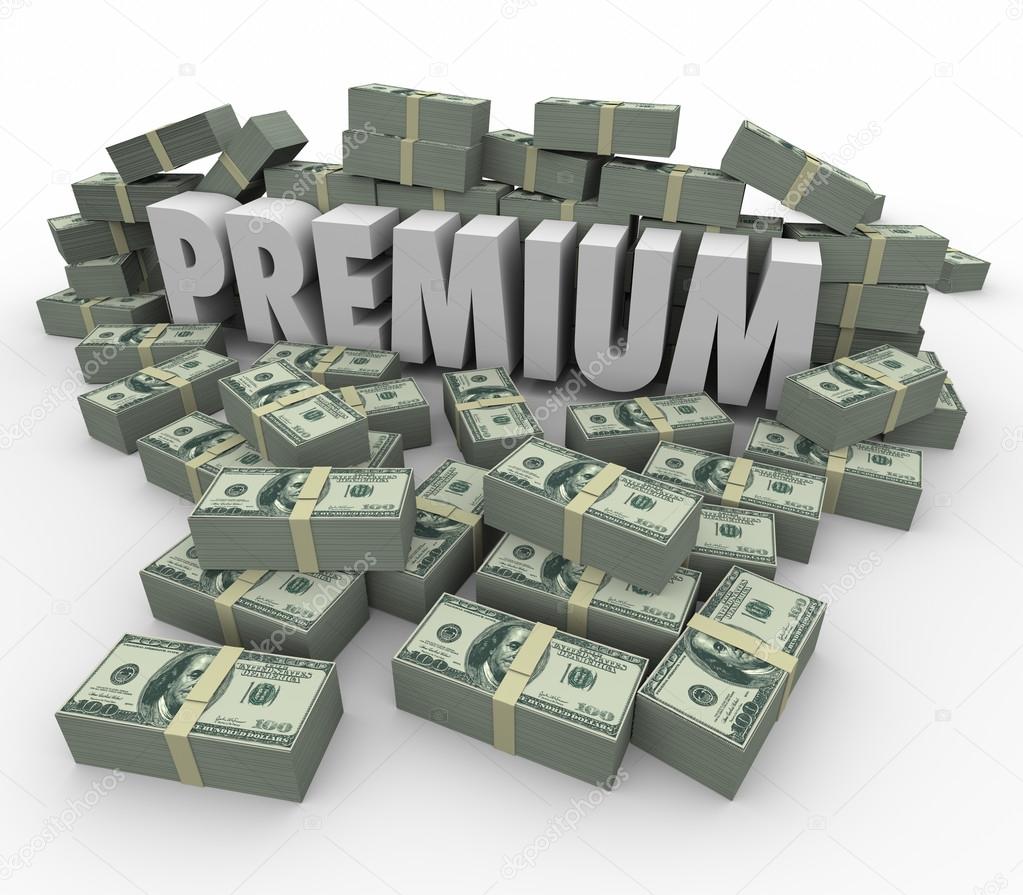 Premium word in 3d letters surrounded by piles of money