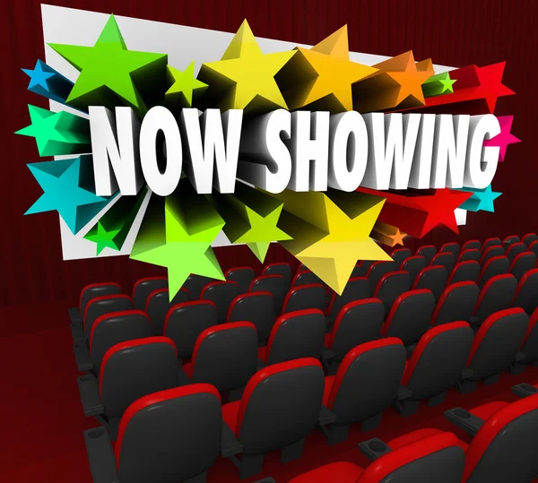 Now Showing words on a movie screen — Stock Photo, Image