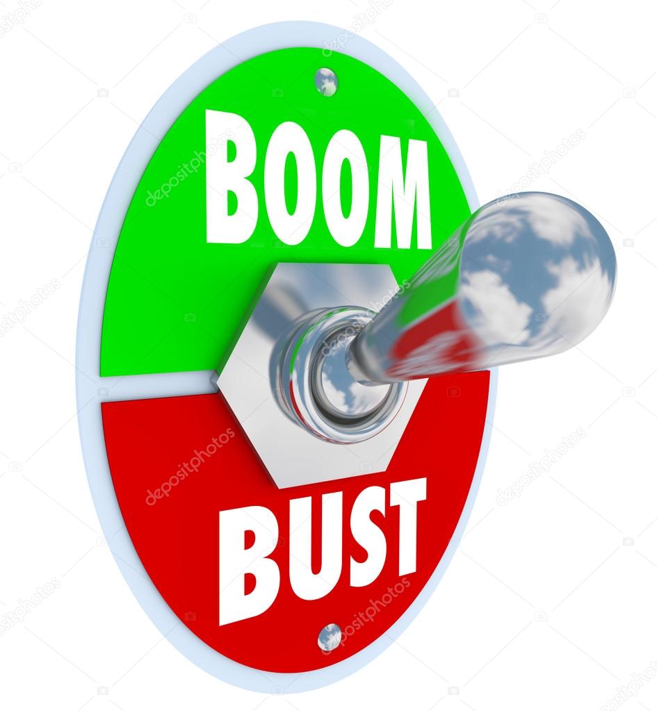 Boom vs Bust words on a 3d toggle switch