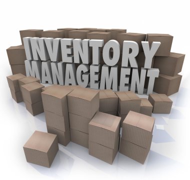 Inventory management words in 3d letters surrounded by cardboard boxes clipart