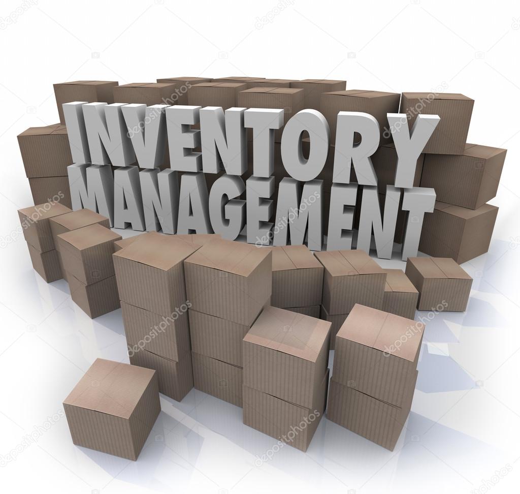 Inventory management words in 3d letters surrounded by cardboard boxes