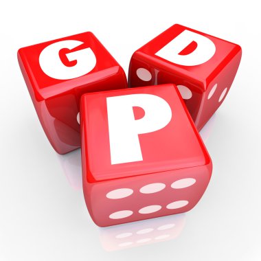 Gross Domesic Product GDP letters on three red dice clipart