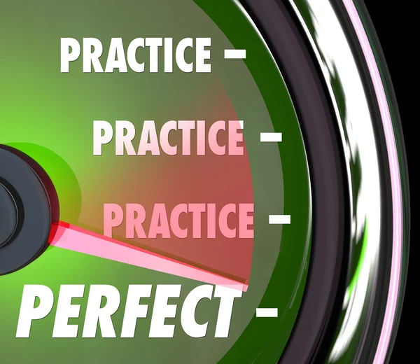 Practice word repeated on a speedometer or gauge — Stock Photo, Image