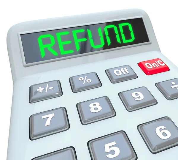 Refund word in digital green letters on a calculator display — Stock Photo, Image