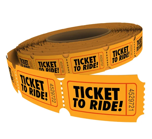 Ticket to Ride words on a roll of orange paper tickets — Stock Photo, Image