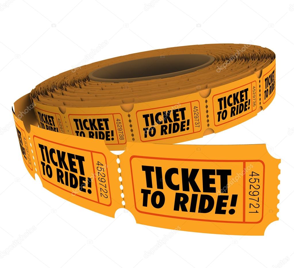 Ticket to Ride words on a roll of orange paper tickets
