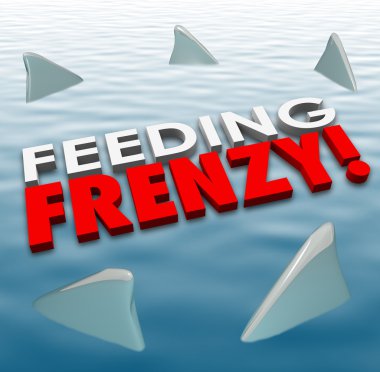 Feeding Frenzy in 3d letters on water surface with shark fins clipart