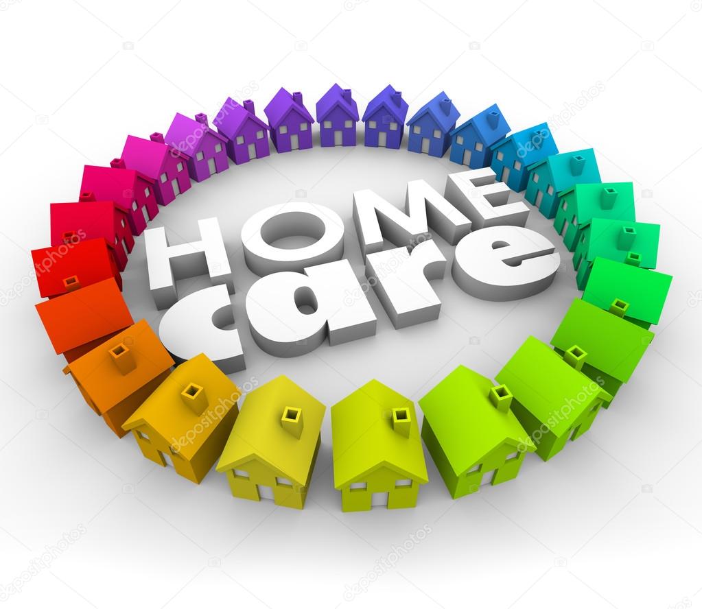 Home Care words in 3d letters surrounded by houses Stock Photo by