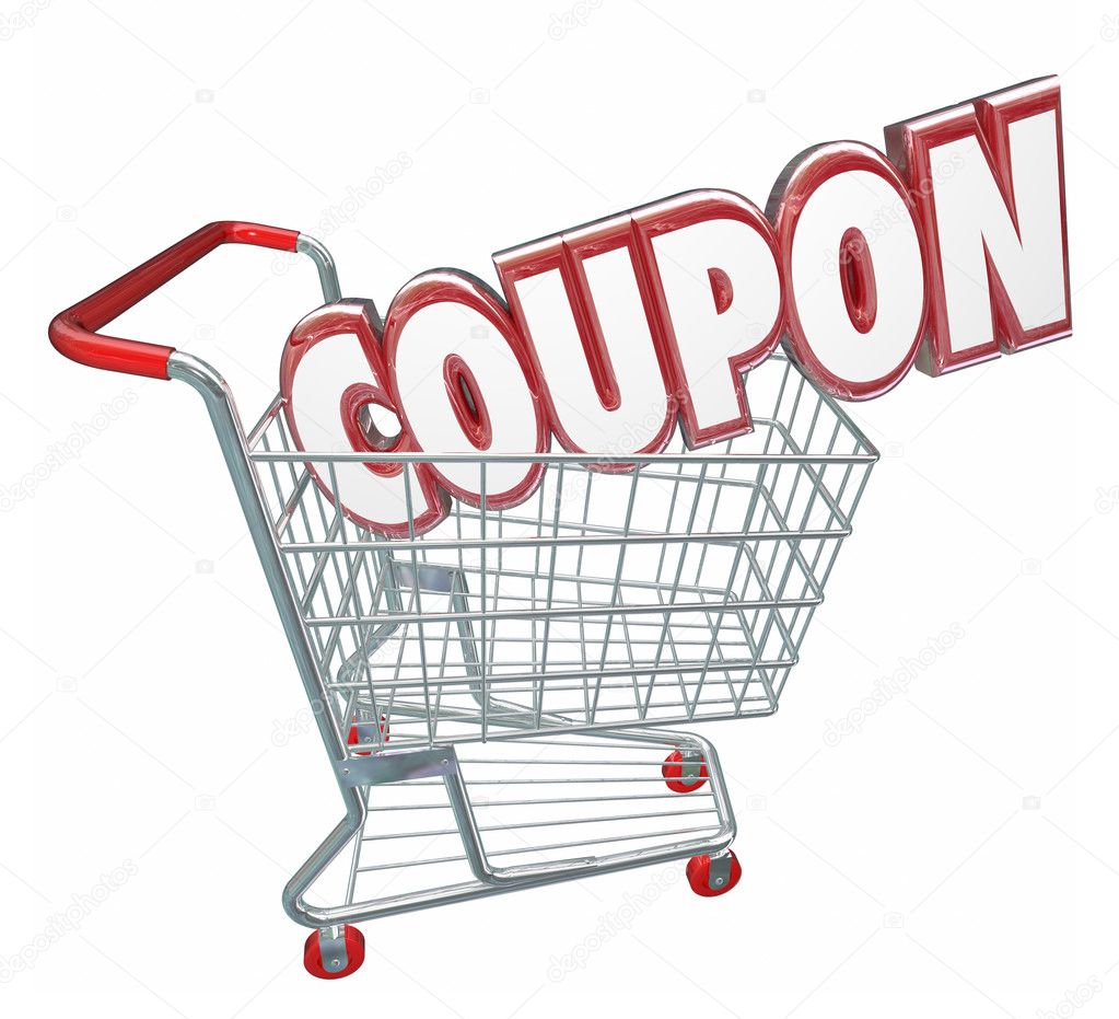 Coupon word in 3d letters in a store shopping card