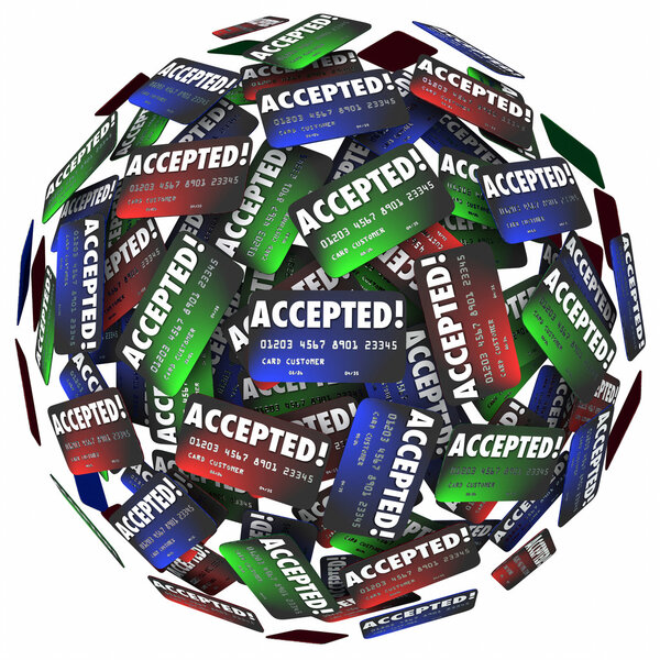 Credit cards in a sphere with the word Accepted