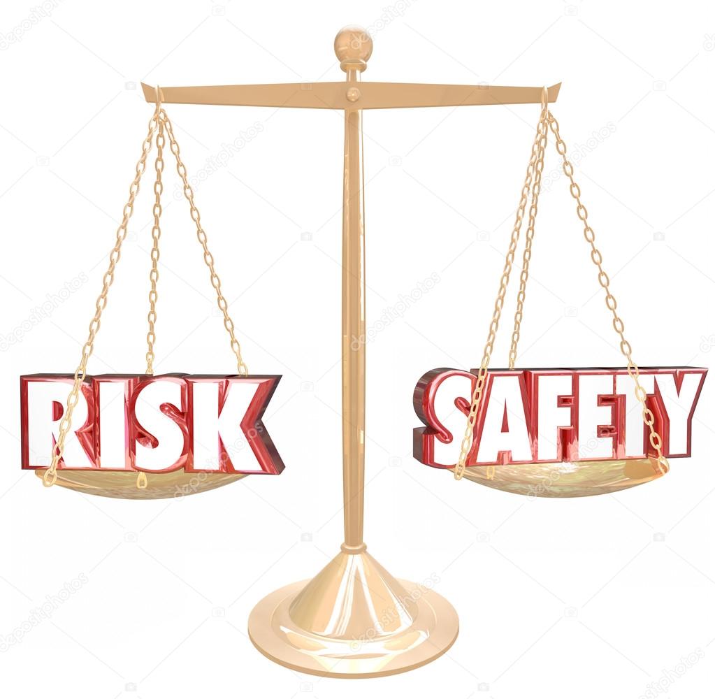 Risk Vs Safety 3d words on a gold scale
