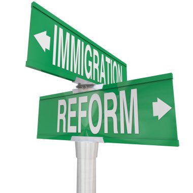 Immigration Reform words on two way road signs clipart