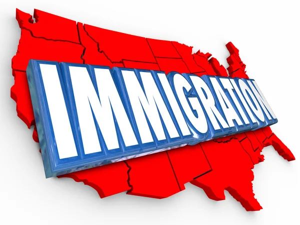 Immigration 3d mot sur la carte rouge de États-Unis d'Amérique — Photo