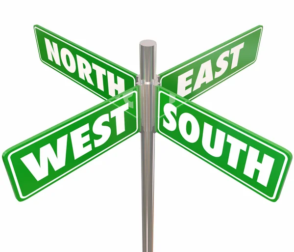 Négy zöld út vagy utca jelek jelölt Észak, Dél, Kelet és Nyugat — Stock Fotó