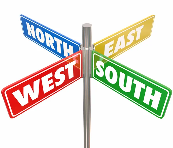 İşaretli Kuzey, Güney, Doğu ve Batı yol işaretleri — Stok fotoğraf