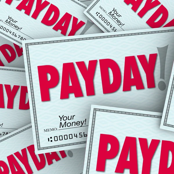Parola di giorno di paga sugli assegni in un mucchio — Foto Stock