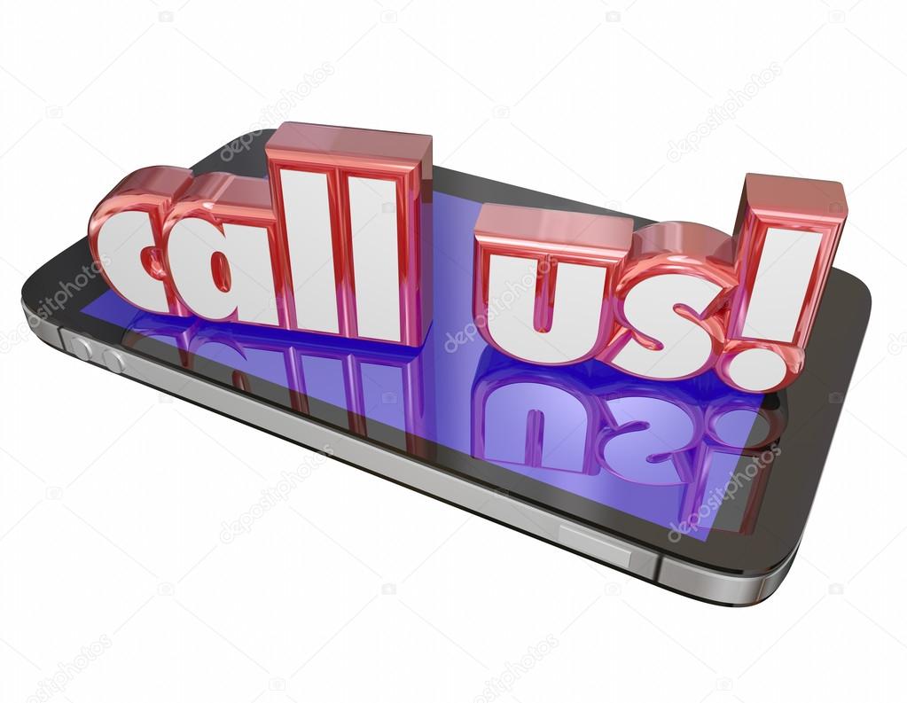 Call Us words in 3d red letters on a new mobile or cell phone