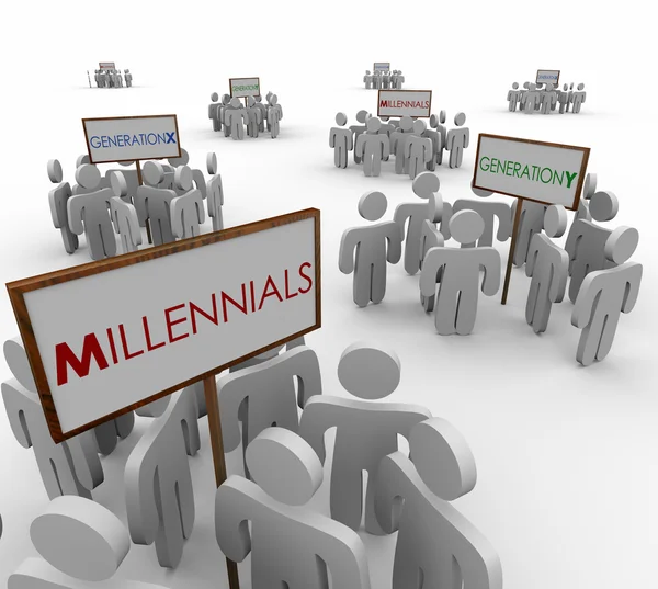 Generation X, Y and Millenials gathered around signs — Stock Photo, Image