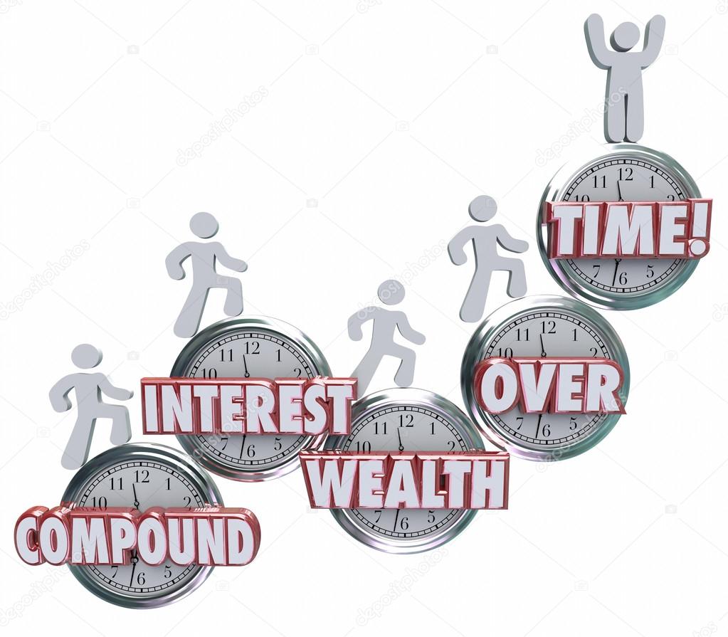 Compound Interest Wealth Over Time words on clocks