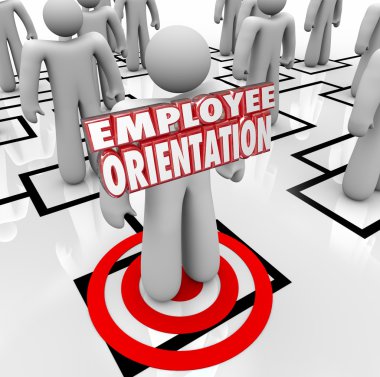 Employee Orientation words on a new worker clipart