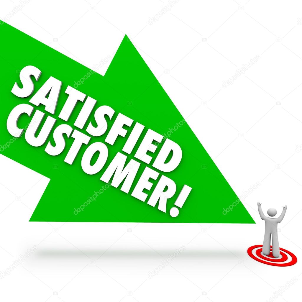 Satisfied Customer words on a green arrow