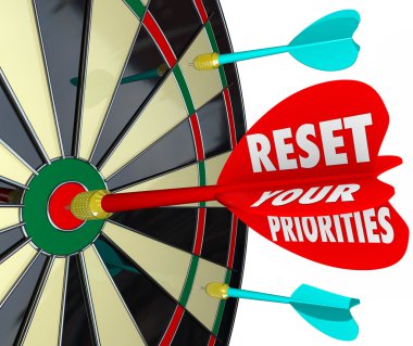 Reset Your Priorities words on a dart board clipart