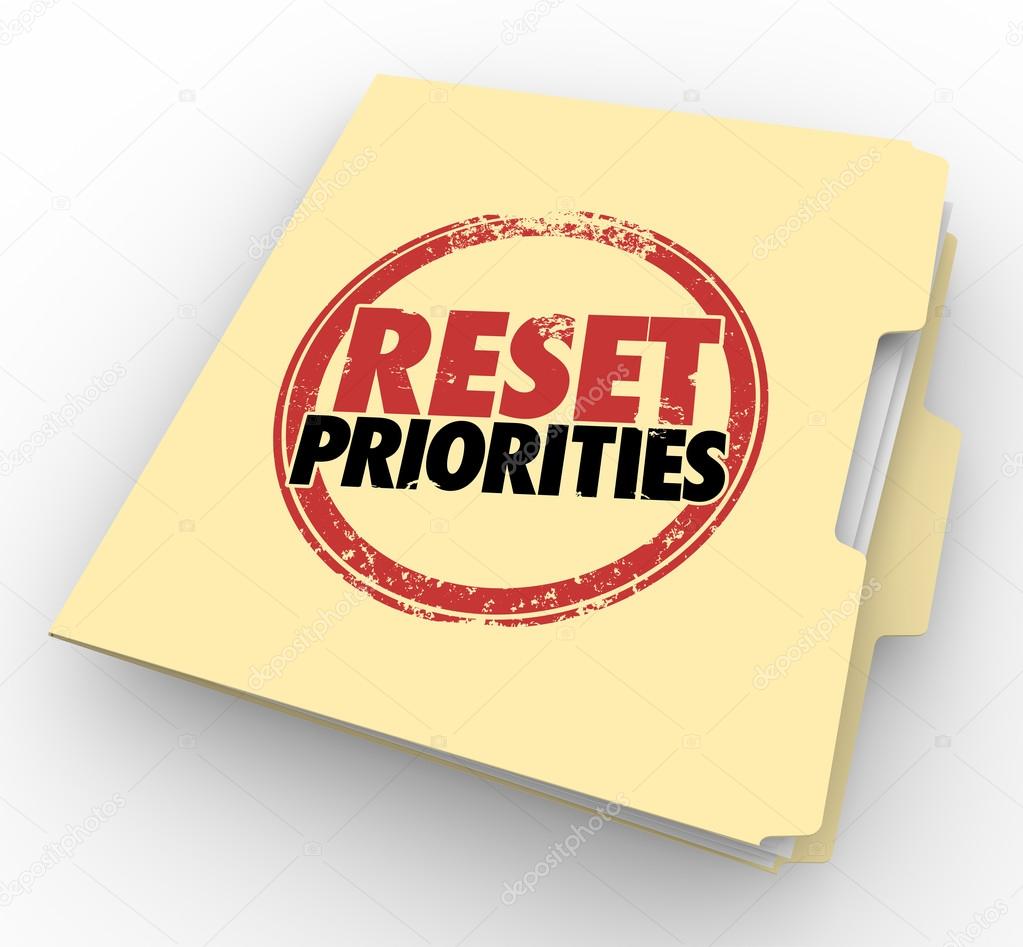 Reset Priorities words stamped on a manila folder
