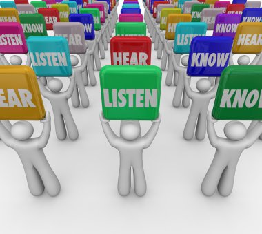 Listen Hear Know words on tiles or signs held up by people clipart