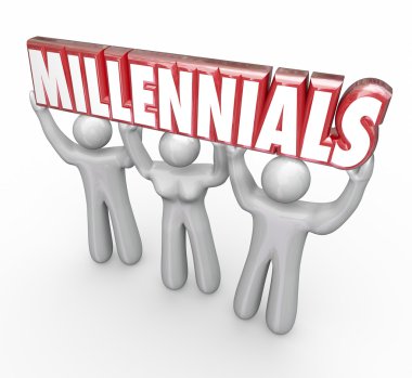 Millennials kelime kırmızı 3d harflerle üç genç insanlar tarafından kaldırdı