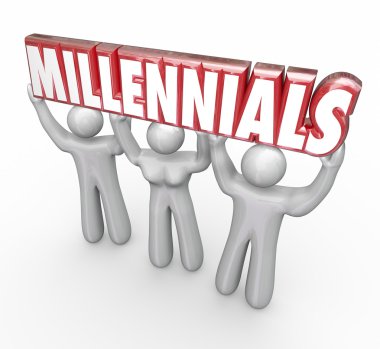 Millennials word in red 3d letters lifted by three young people clipart