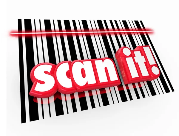 Scan It words in red 3D letters on UPC barcode chart — стоковое фото