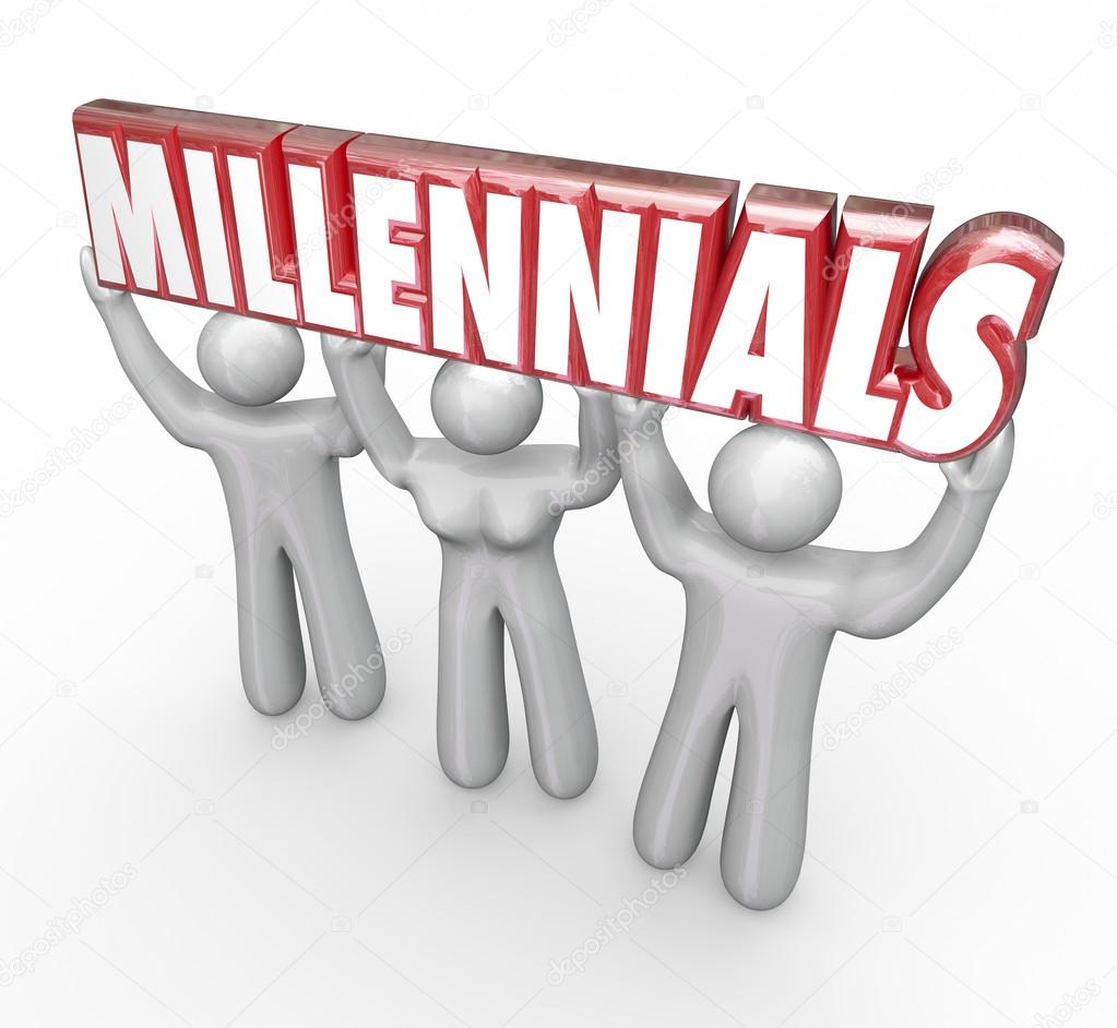 Millennials word in red 3d letters lifted by three young people