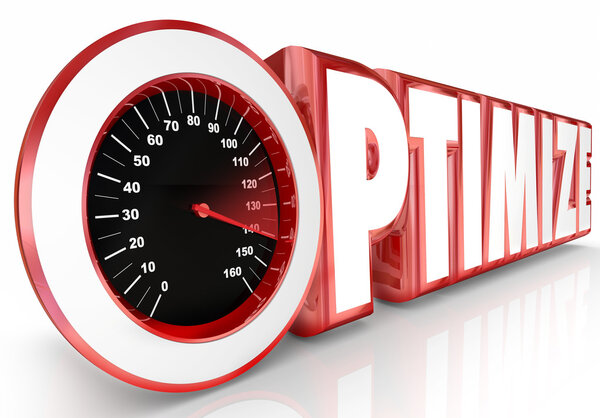 Оптимизация слова красными 3d буквами и спидометром
